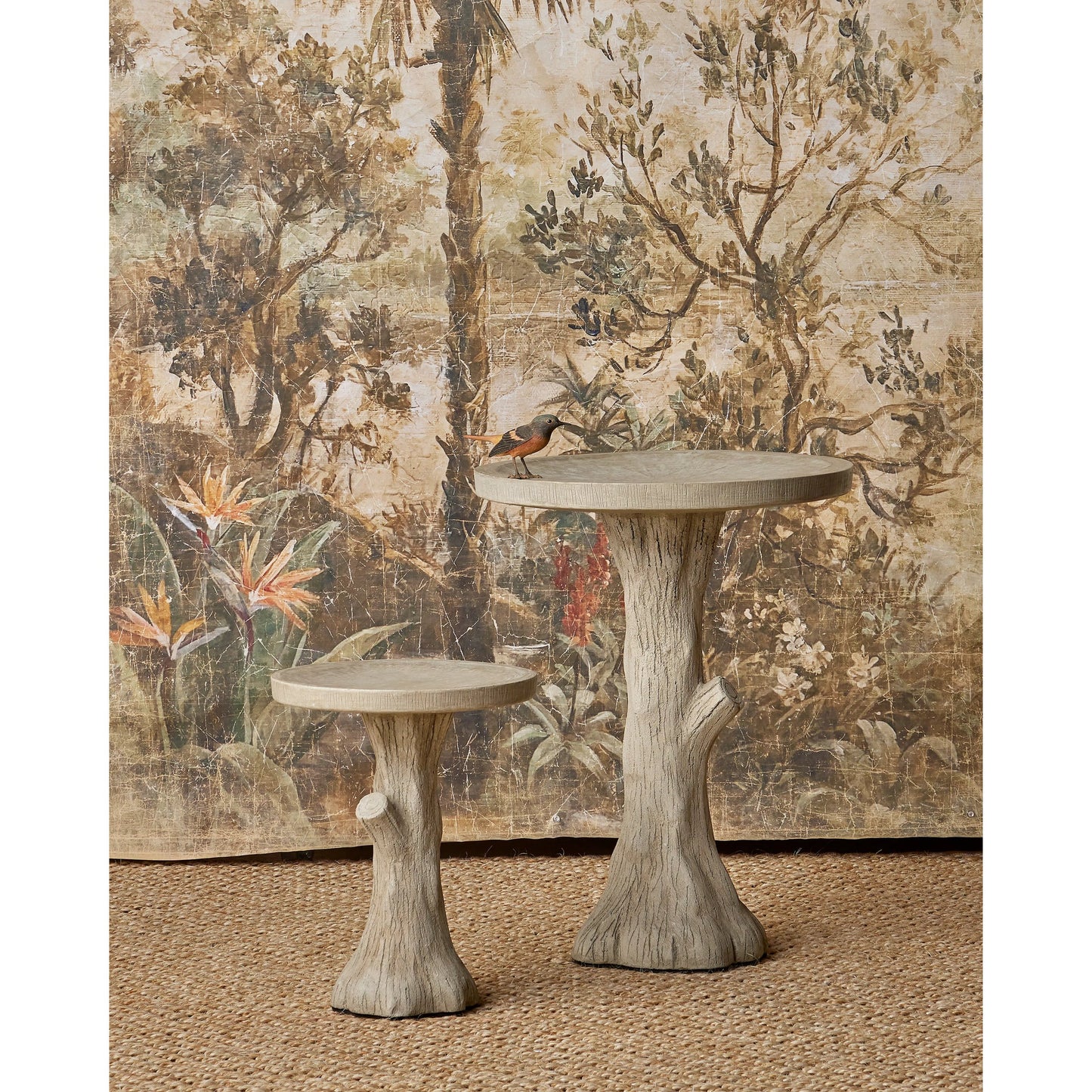 009 SI-2191713,SI-2191714 | Lifestyle | Faux Bois Bird Bath by Currey and Company in portland. Made from concrete, iron in a rustic style.