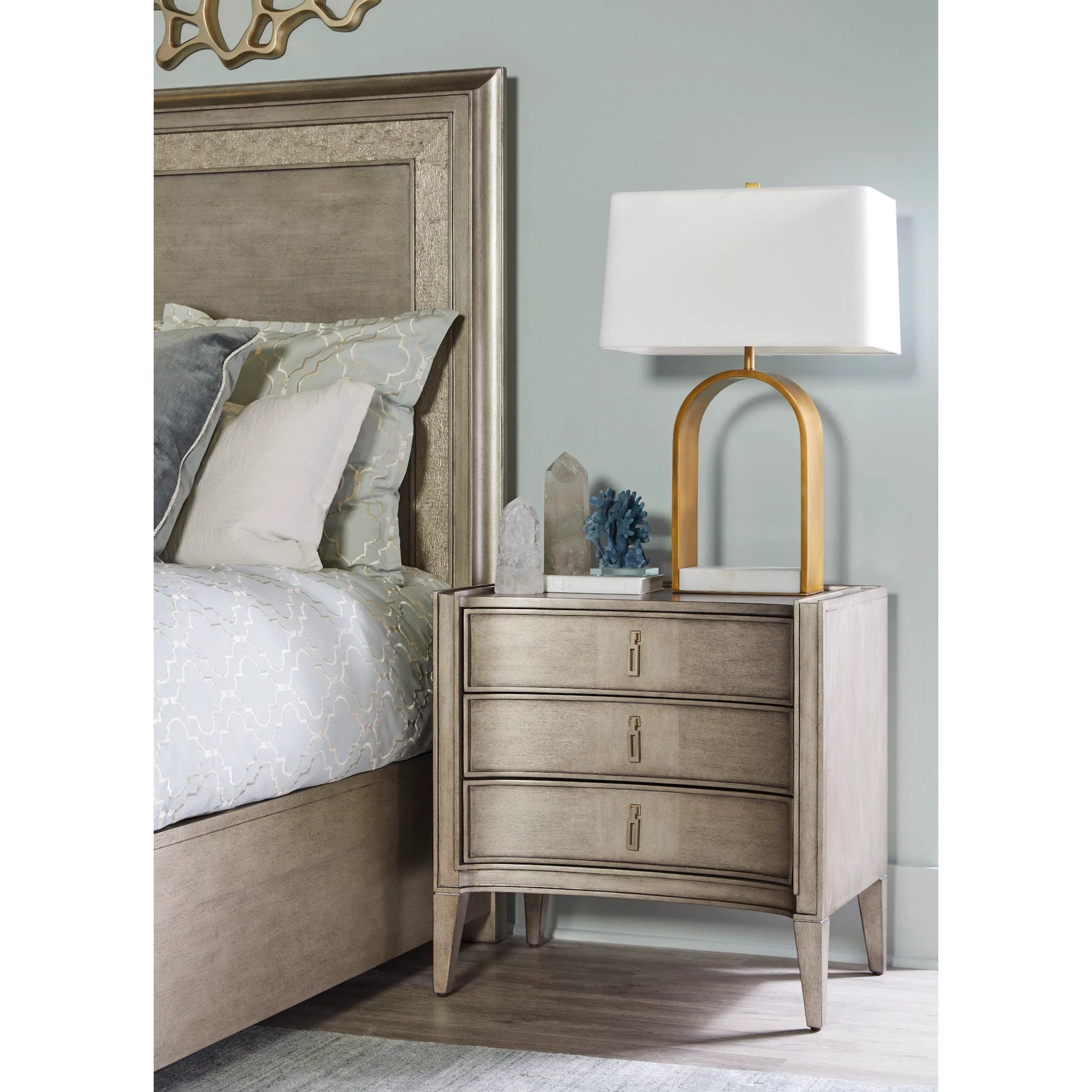 Cove Nightstand by A.R.T. Furniture in grey and mica. Made from rubberwood solids, primavera veneers, metal in a traditional style.