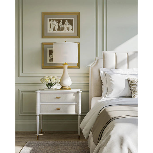 Aster Nightstand by Currey and Company in off white, fog, brass. Made from mahogany, oak, brass in a transitional style.