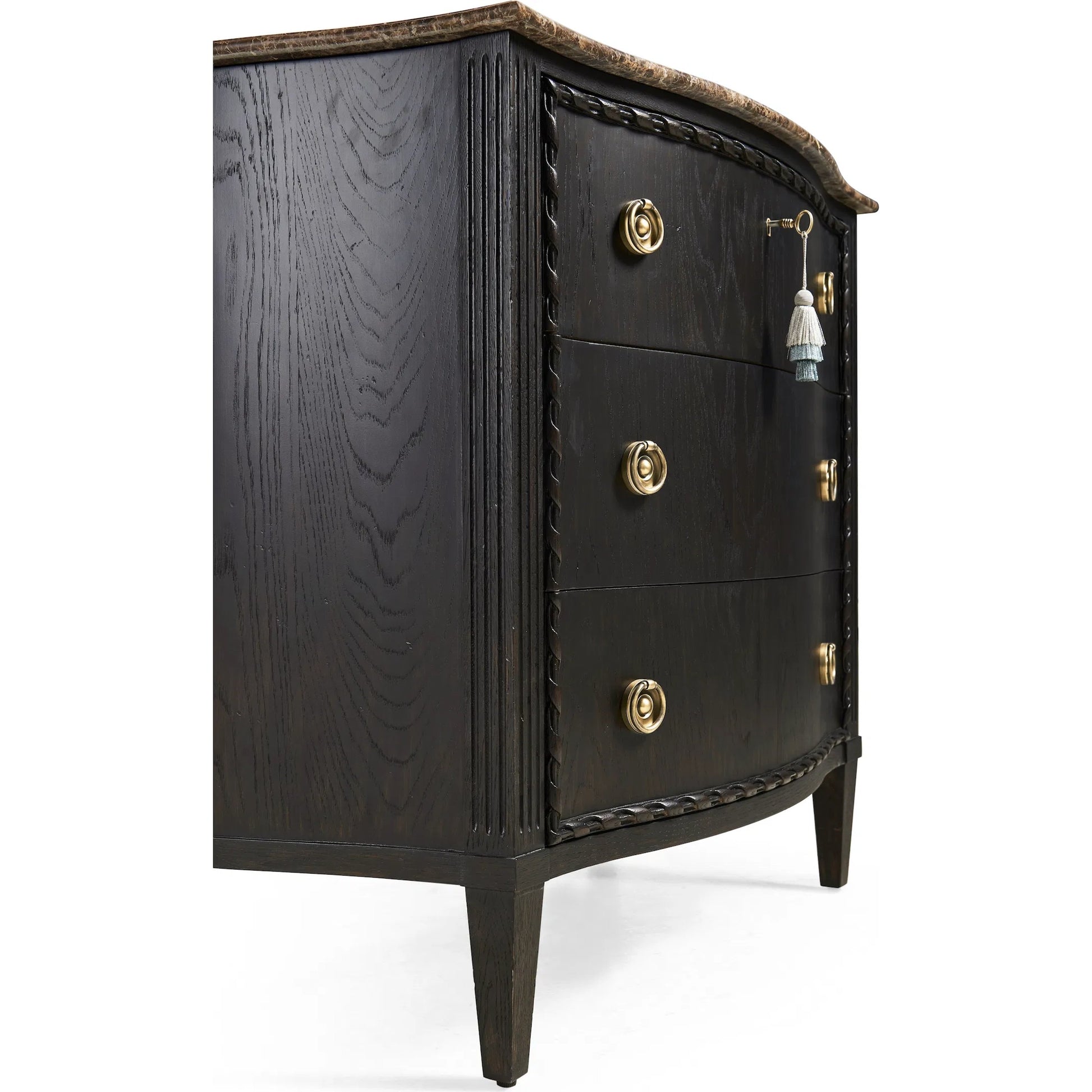 Tangiers Drawer Chest by Jonathan Charles in brown, black and ebonized oak. Made from oak solids, flat-cut oak veneers, stone, brass in a traditional style.