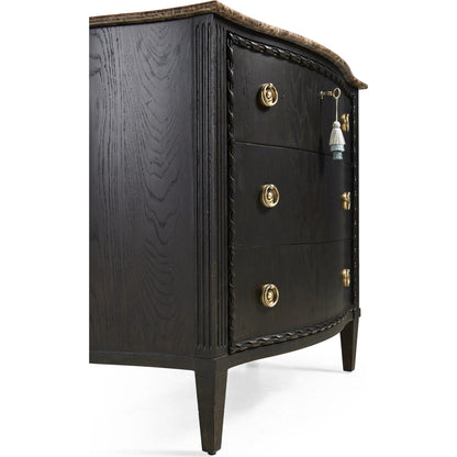 Tangiers Drawer Chest by Jonathan Charles in brown, black and ebonized oak. Made from oak solids, flat-cut oak veneers, stone, brass in a traditional style.