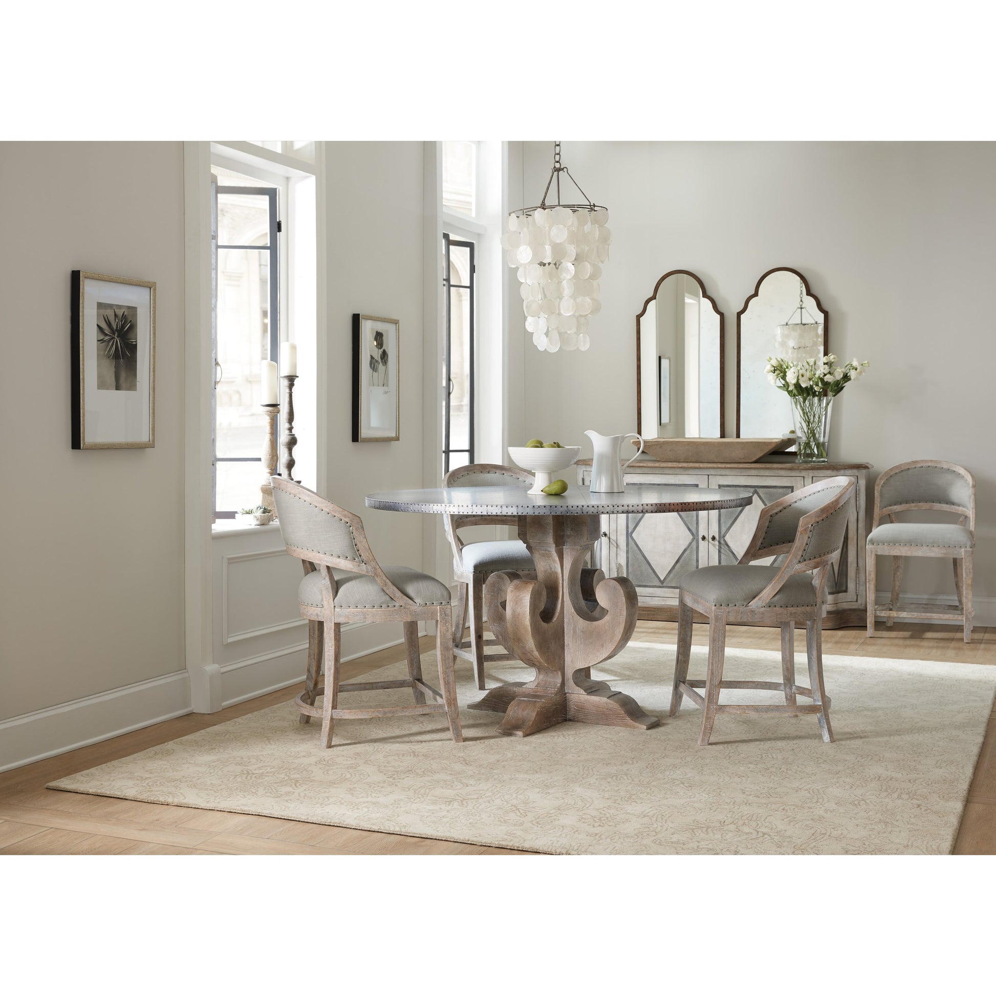 Garnier Bar + Counter Stool by Hooker Furniture in grey and light brown, soft gray. Made from quartered oak veneers, fabric in a traditional style.