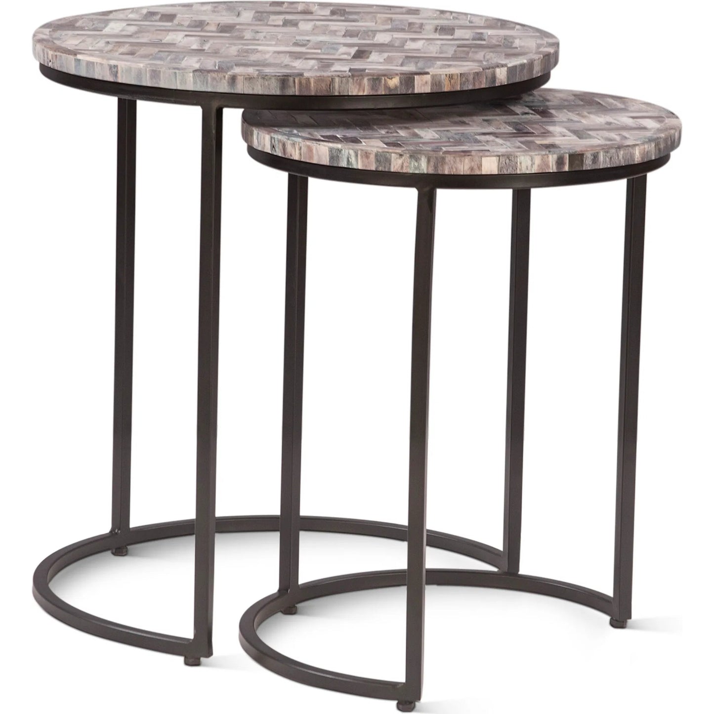 001 SI-2445273 | Primary Silo | Mumbai Nesting Tables by World Interiors in chevron pattern and powder coated black. Made from bone inlay mdf reclaimed iron resin in a modern style.