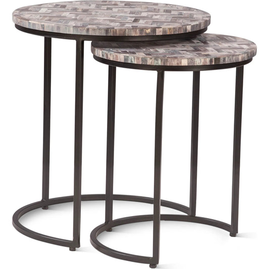 Mumbai Nesting Tables (Set of 2) by World Interiors in chevron pattern and powder coated black. Made from bone inlay mdf reclaimed iron resin in a unique style.