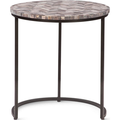 Mumbai Nesting Tables by World Interiors in chevron pattern and powder coated black. Made from bone inlay mdf reclaimed iron resin in a modern style.