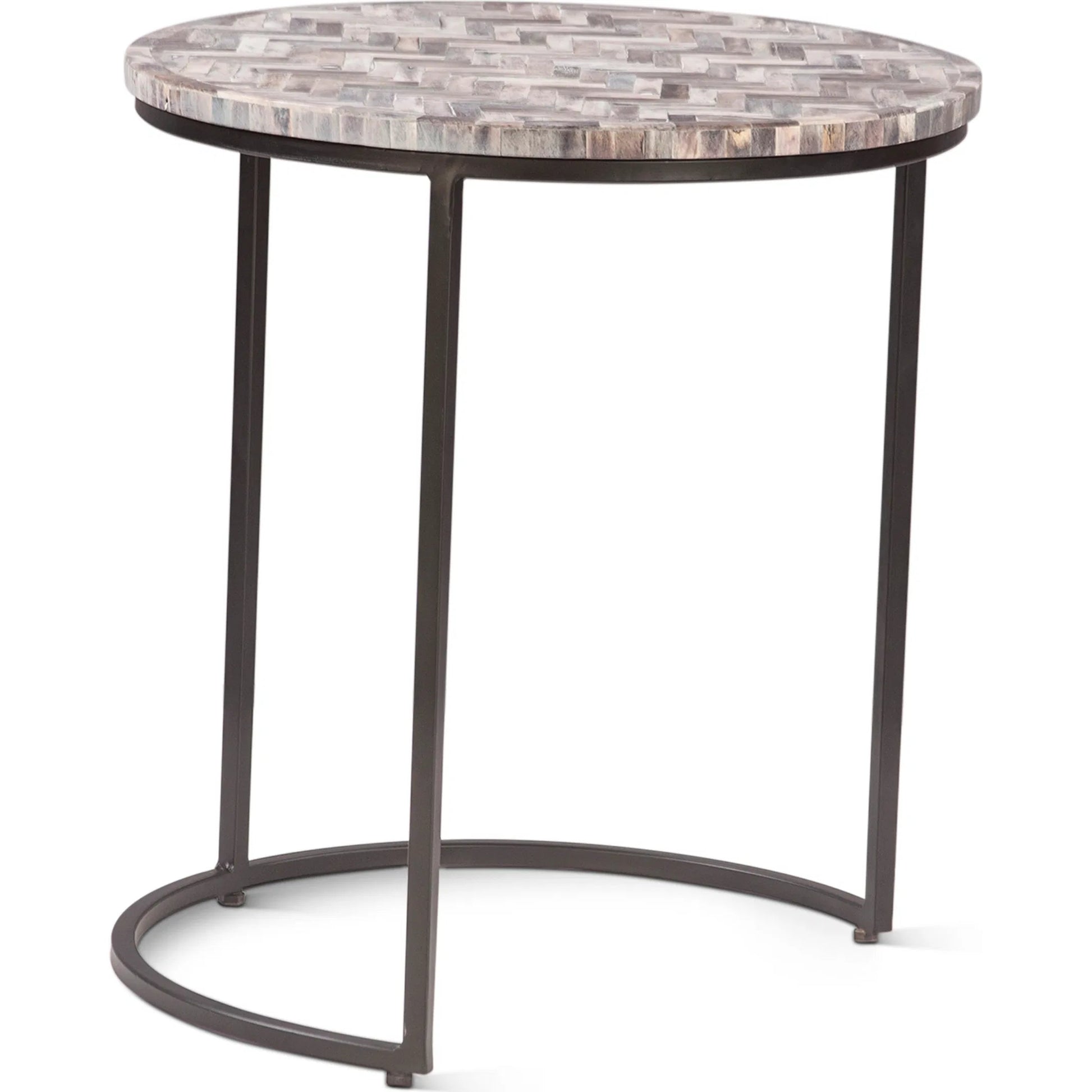 Mumbai Nesting Tables by World Interiors in chevron pattern and powder coated black. Made from bone inlay mdf reclaimed iron resin in a modern style.