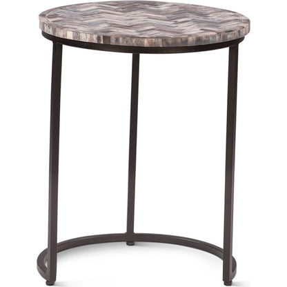 Mumbai Nesting Tables by World Interiors in chevron pattern and powder coated black. Made from bone inlay mdf reclaimed iron resin in a modern style.