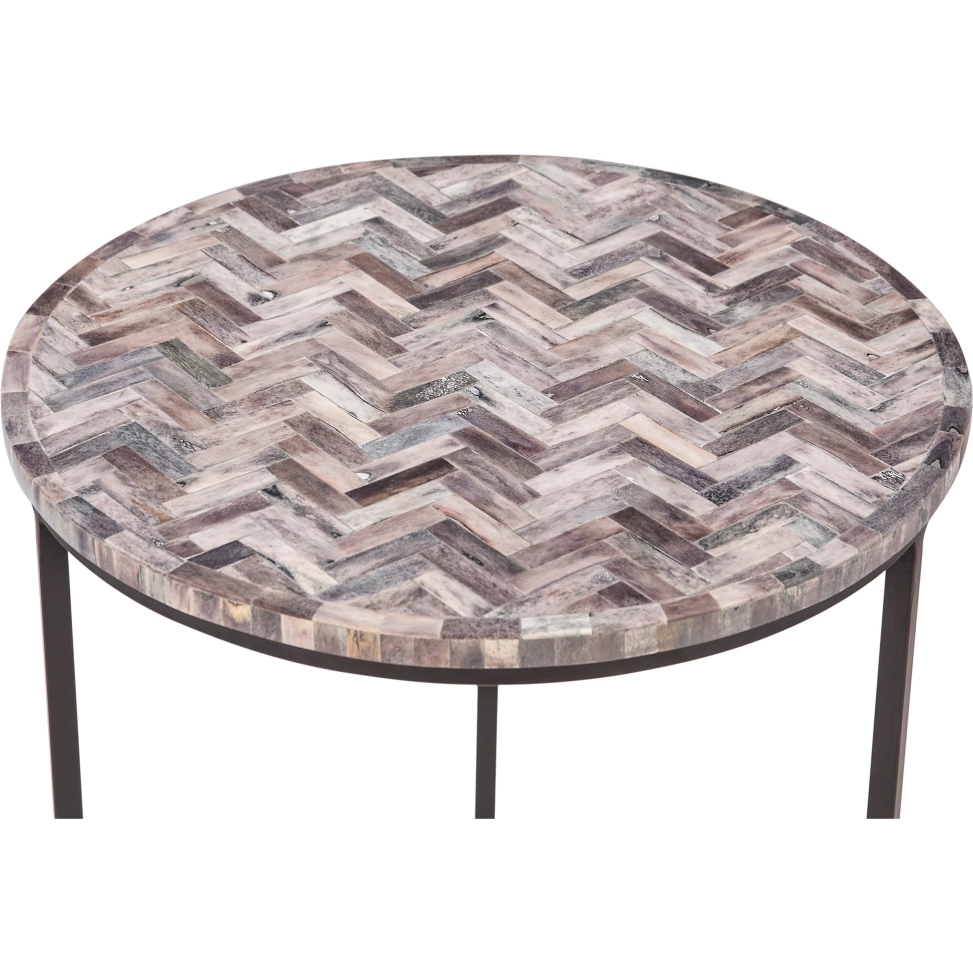 Mumbai Nesting Tables by World Interiors in chevron pattern and powder coated black. Made from bone inlay mdf reclaimed iron resin in a modern style.