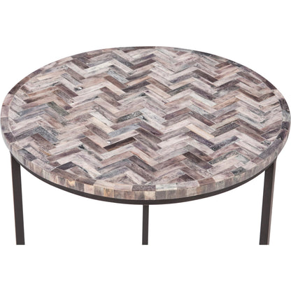 Mumbai Nesting Tables by World Interiors in chevron pattern and powder coated black. Made from bone inlay mdf reclaimed iron resin in a modern style.