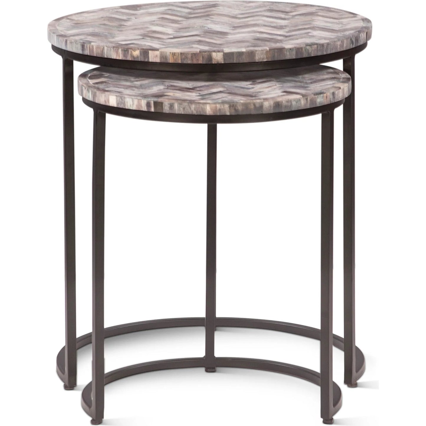005 SI-2445273 | Additional Silo | Mumbai Nesting Tables by World Interiors in chevron pattern and powder coated black. Made from bone inlay mdf reclaimed iron resin in a modern style.