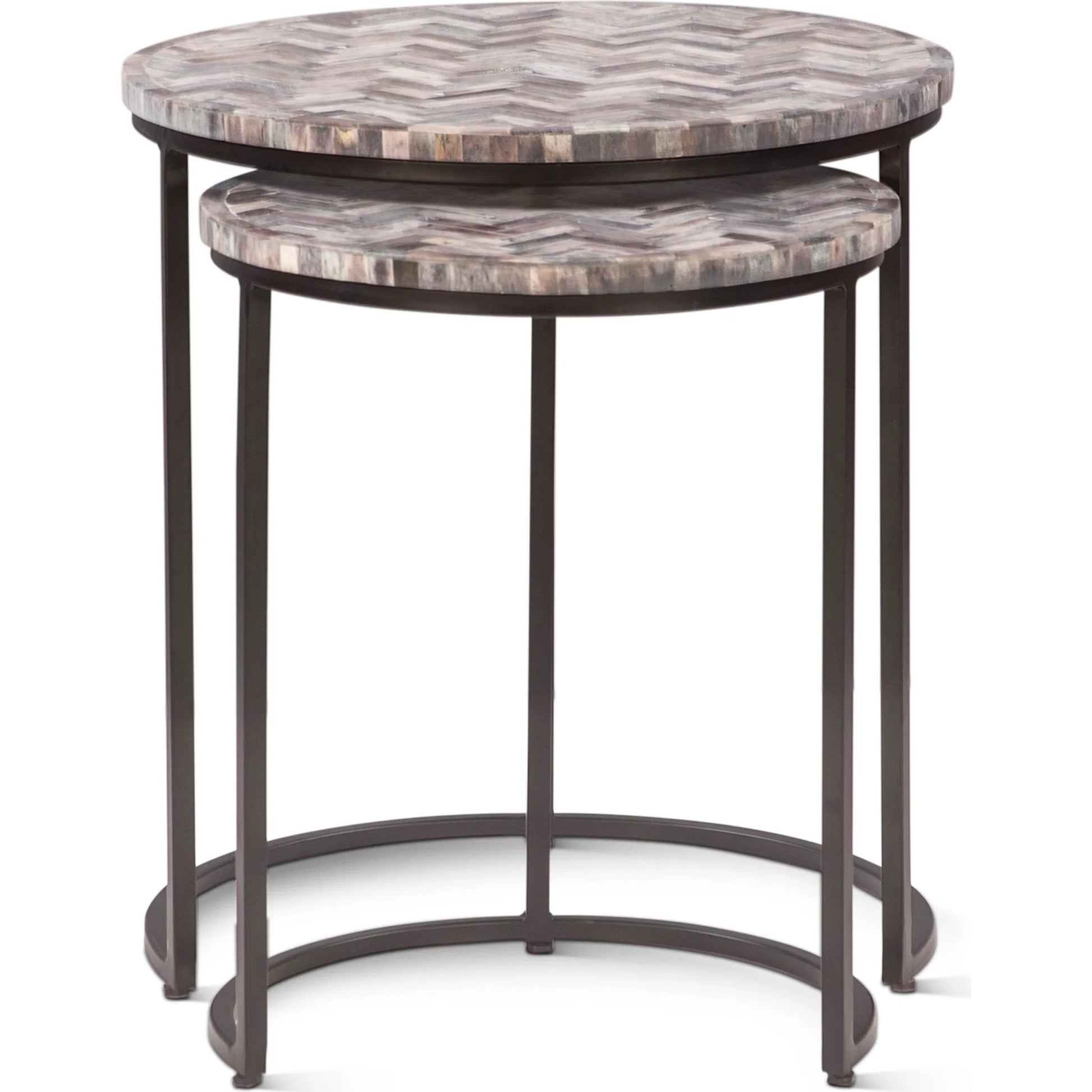 Mumbai Nesting Tables by World Interiors in chevron pattern and powder coated black. Made from bone inlay mdf reclaimed iron resin in a modern style.