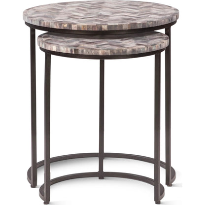 Mumbai Nesting Tables by World Interiors in chevron pattern and powder coated black. Made from bone inlay mdf reclaimed iron resin in a modern style.