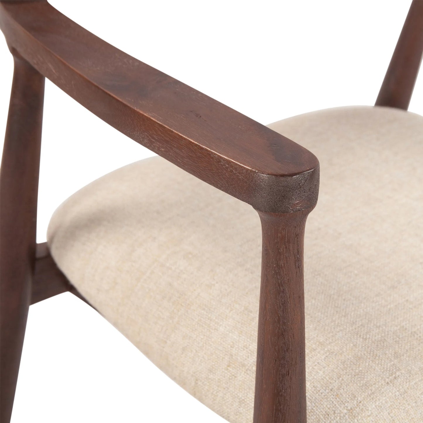 005 SI-2243013 | Closeup | Oxford Upholstered Dining Chair by World Interiors in brown, white and walnut. Made from mango wood cotton, linen, polyester in a transitional style.