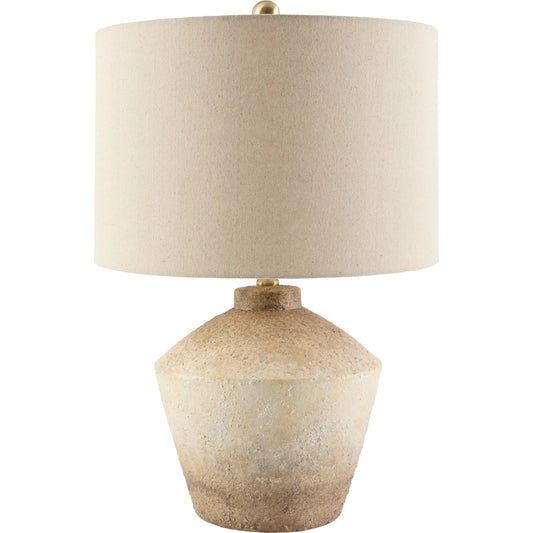 Focene Accent Table Lamp 556613 by Livabliss in body: terracotta; shade (outside): wheat; shade (inside): white; finial: metallic - brass; harp: metallic - gold; cord: translucent and paintedplated. Made from ceramic, linen,