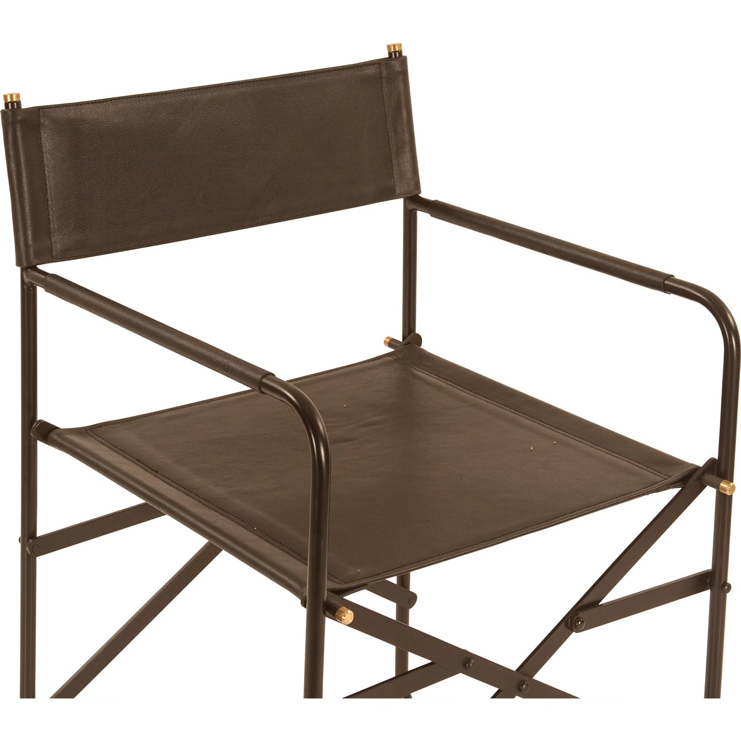 006 SI-2242932 | Closeup | Lund 19" Director's Chair by World Interiors in black and natural. Made from buffalo leather, reclaimed iron in a traditional style.