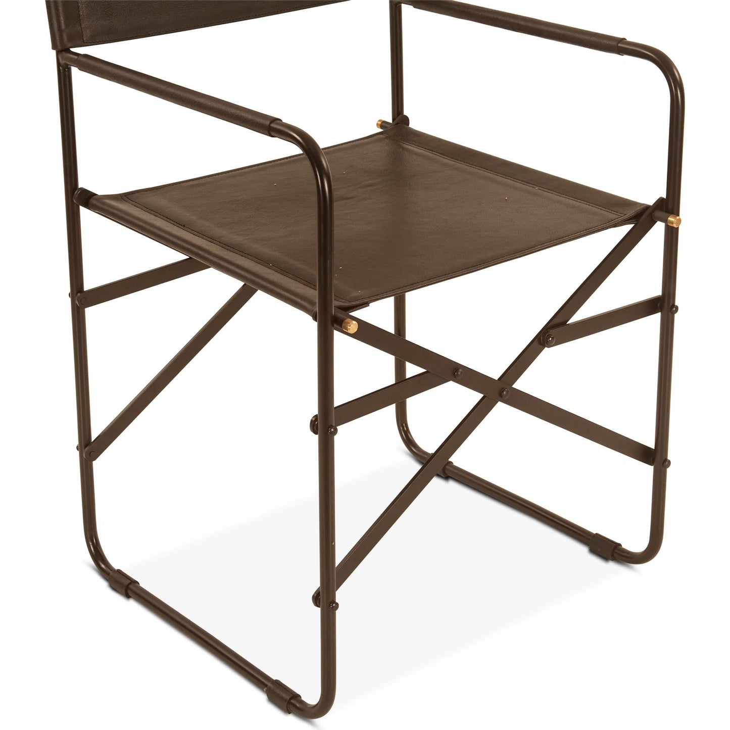 005 SI-2242932 | Closeup | Lund 19" Director's Chair by World Interiors in black and natural. Made from buffalo leather, reclaimed iron in a traditional style.