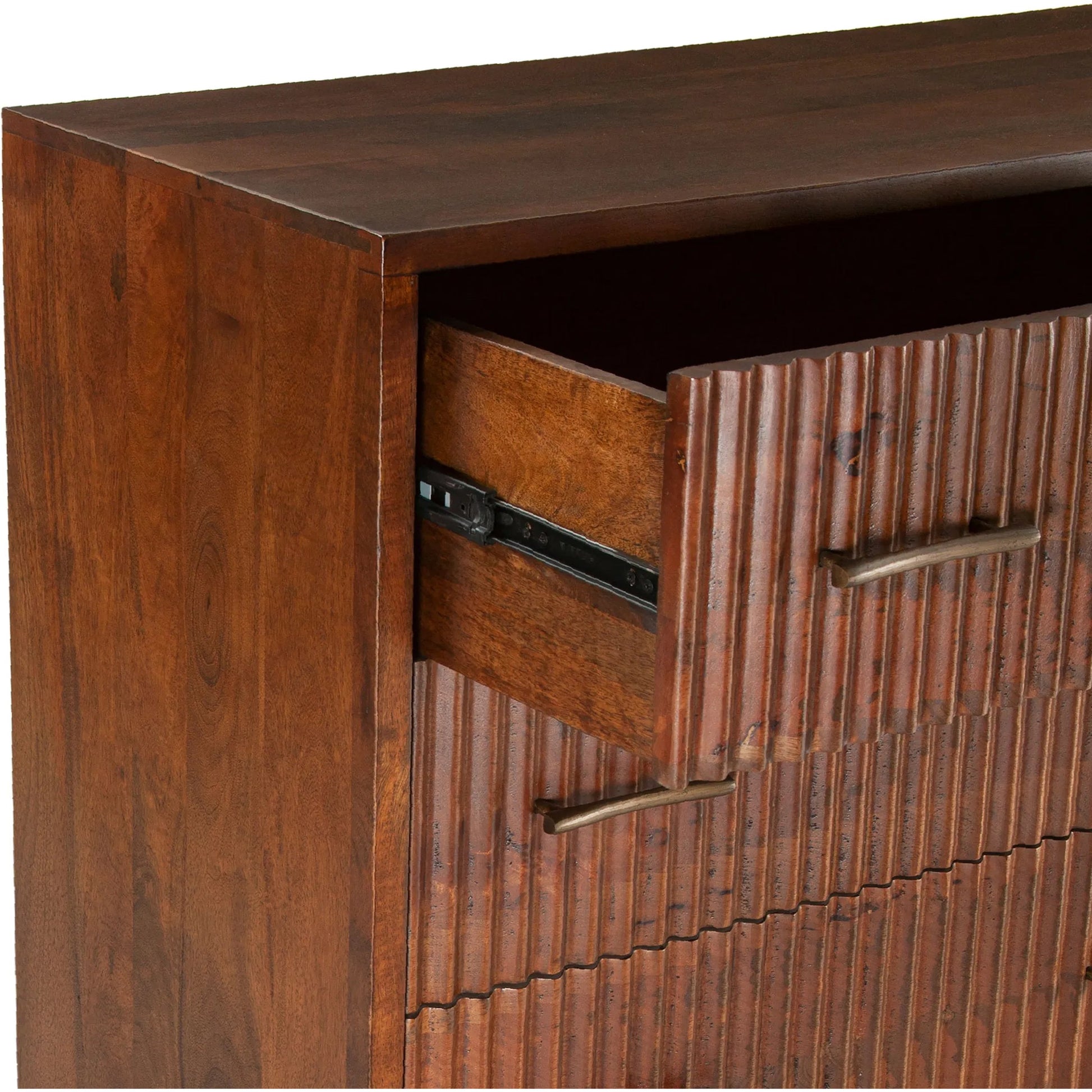 Manhattan Retro Acacia Dresser by World Interiors in brown, gold and honey brown. Made from mango wood metal in a traditional style.