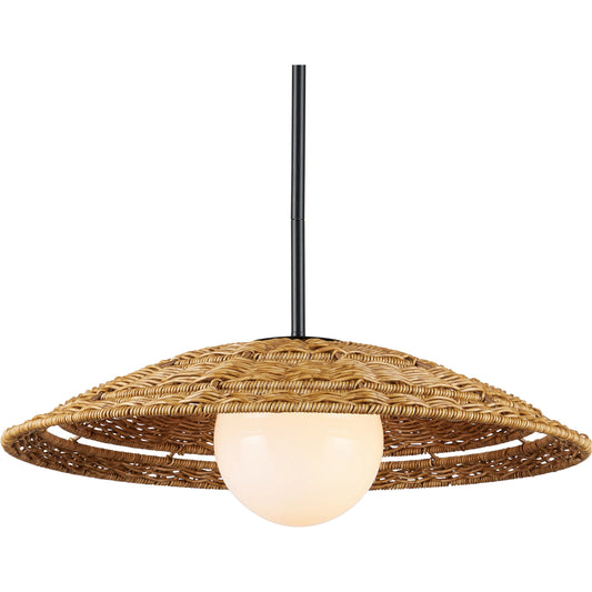 Barbary Outdoor Pendant by Currey and Company in natural, black, frosted white. Made from all-weather wicker, metal, glass in a unique style.