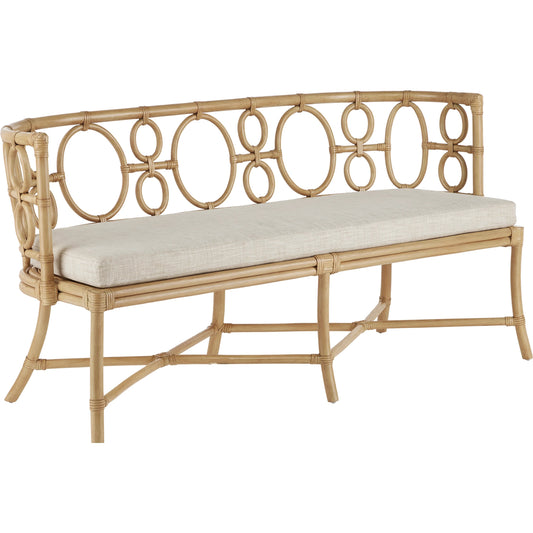Tegal Muslin Bench by Currey and Company in rattan, natural. Made from rattan, wood, leather, finn natural in a coastal style.