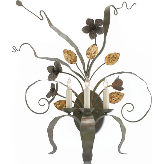 Westley Wall Sconce by Currey and Company in verdigris with antique gold leaf accent. Made from wrought iron in a traditional style.