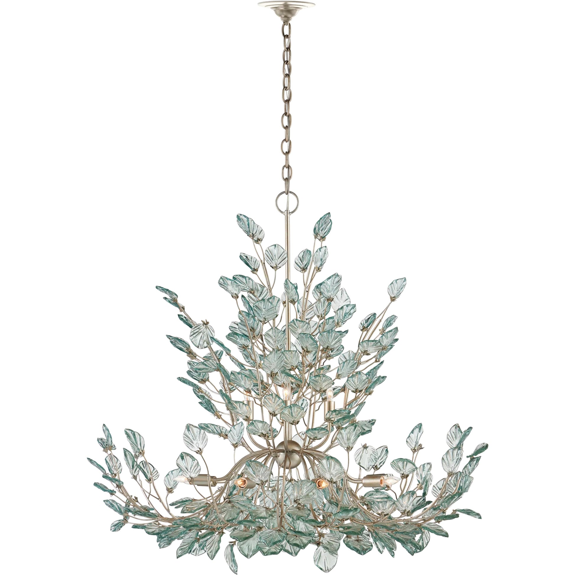 Baobab Chandelier by Currey and Company in clear, contemporary silver leaf. Made from recycled glass, wrought iron in a modern style.