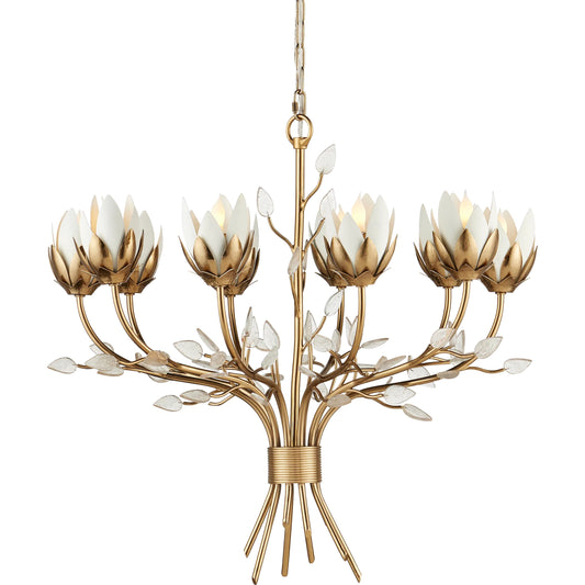 Star Magnolia Chandelier by Currey and Company in antique brass, white, clear. Made from metal, brass, glass in a modern style.