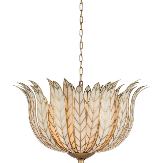 Lamina Bowl Chandelier by Currey and Company in antique brass, off-white. Made from brass, metal, composite in a modern style.