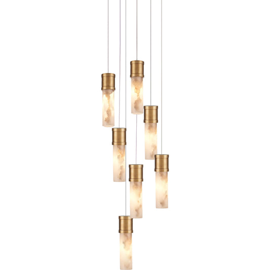 Cannula 7-Light Multi-Drop Pendant by Currey and Company in vintage brass, white, silver. Made from brass, alabaster in a modern style.