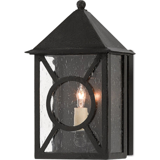 Ripley Outdoor Wall Sconce by Currey and Company in midnight (pure black). Made from wrought iron, glass in a traditional style.