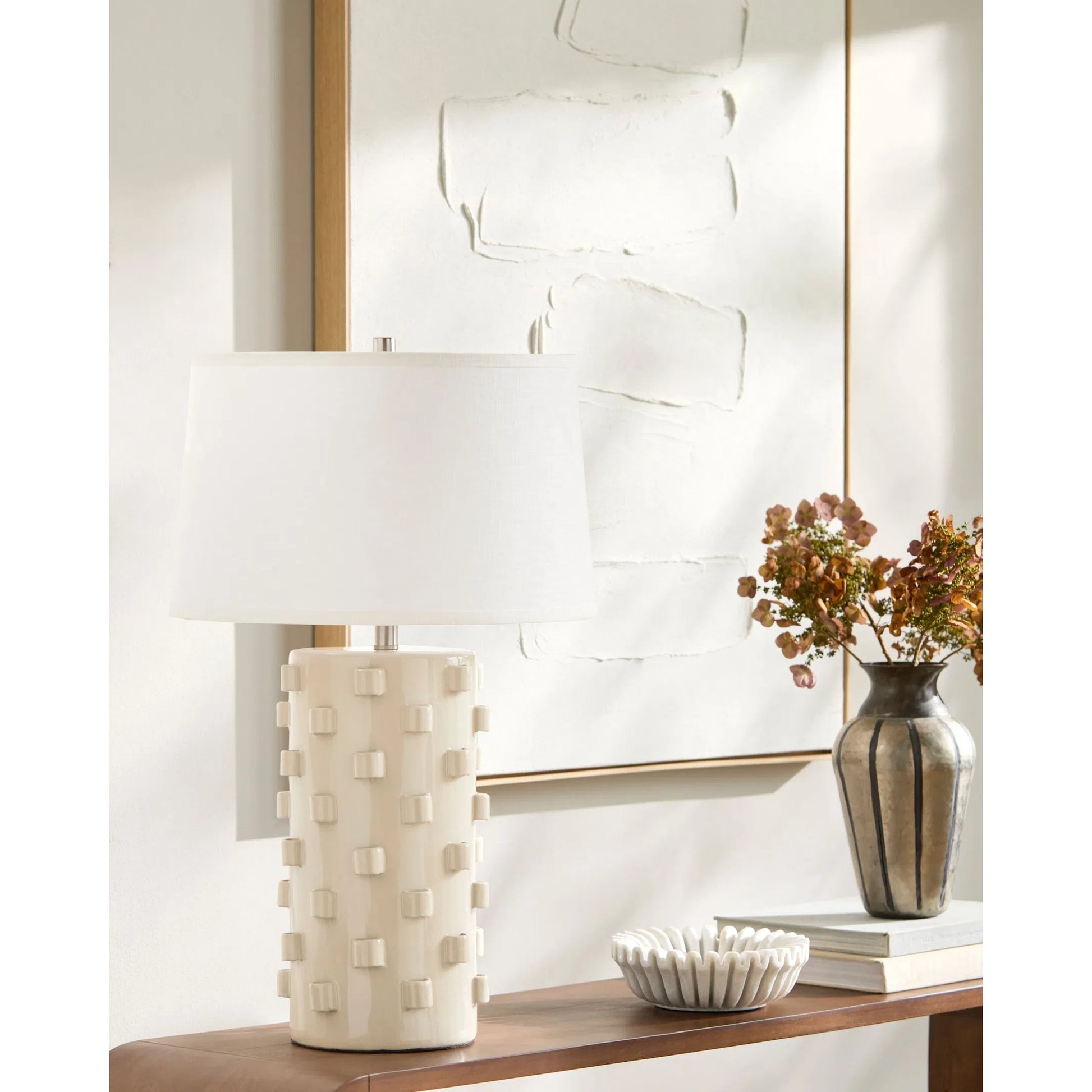 Fedje Table Lamp by Surya in cream. Made from ceramic, linen, plastic, iron in a transitional style.