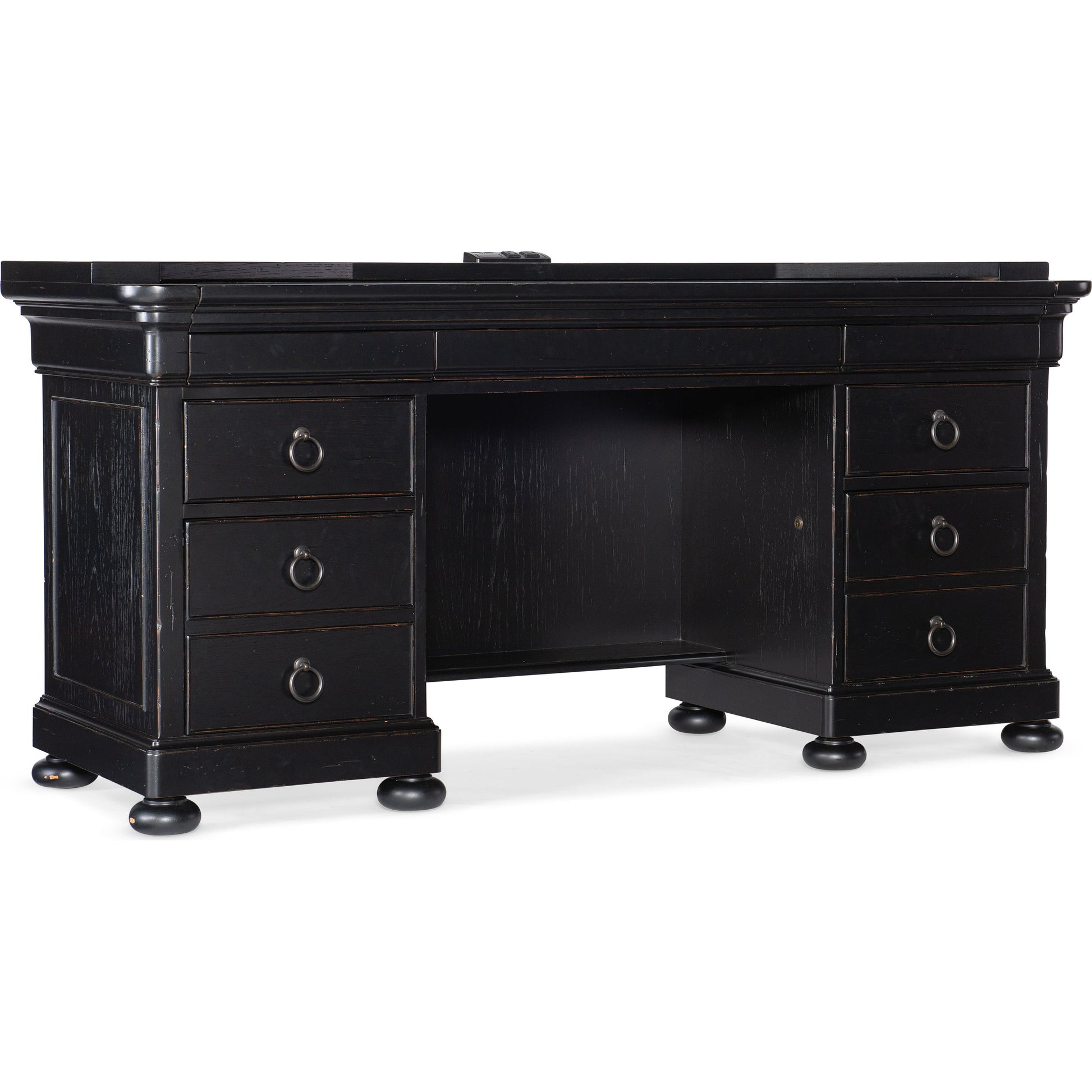 Bristowe Computer Credenza by Hooker Furniture in tuxedo black. Made from pecan veneers in a unique style.