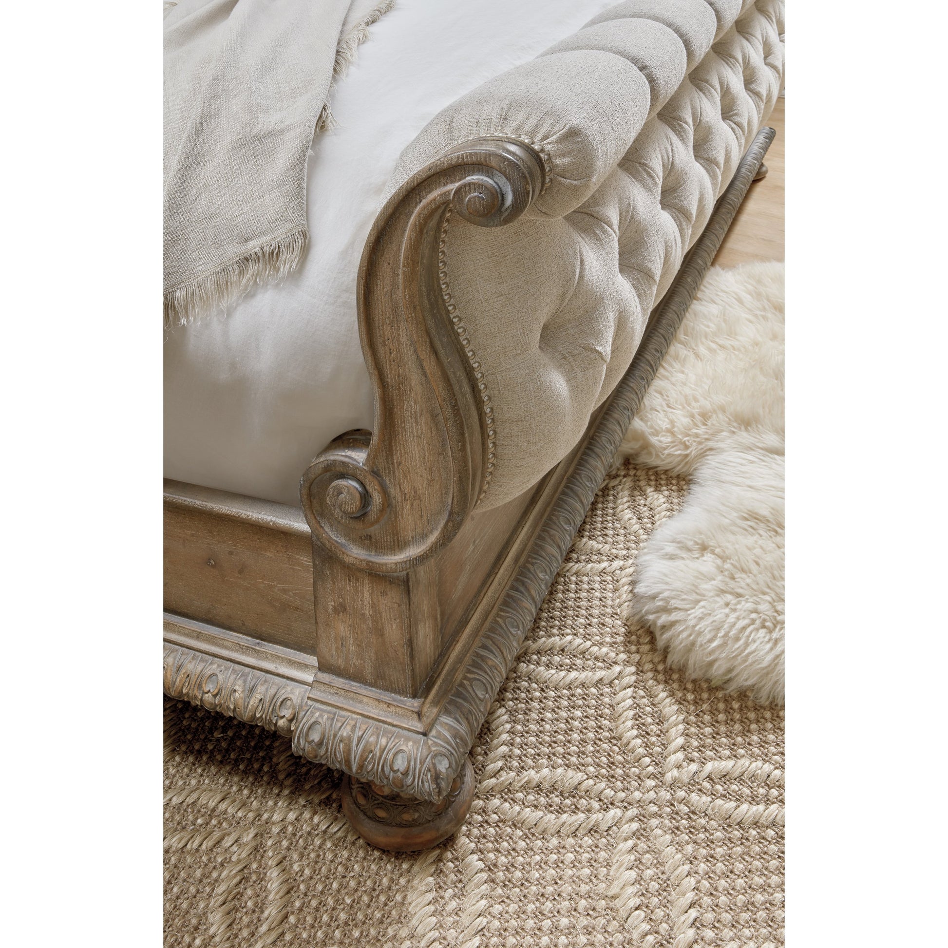 Castella Tufted Bed by Hooker Furniture in beige and antique slate, natural tan. Made from pecan veneers, fabric in a traditional style.