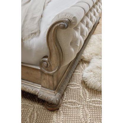 Castella Tufted Bed by Hooker Furniture in beige and antique slate, natural tan. Made from pecan veneers, fabric in a traditional style.