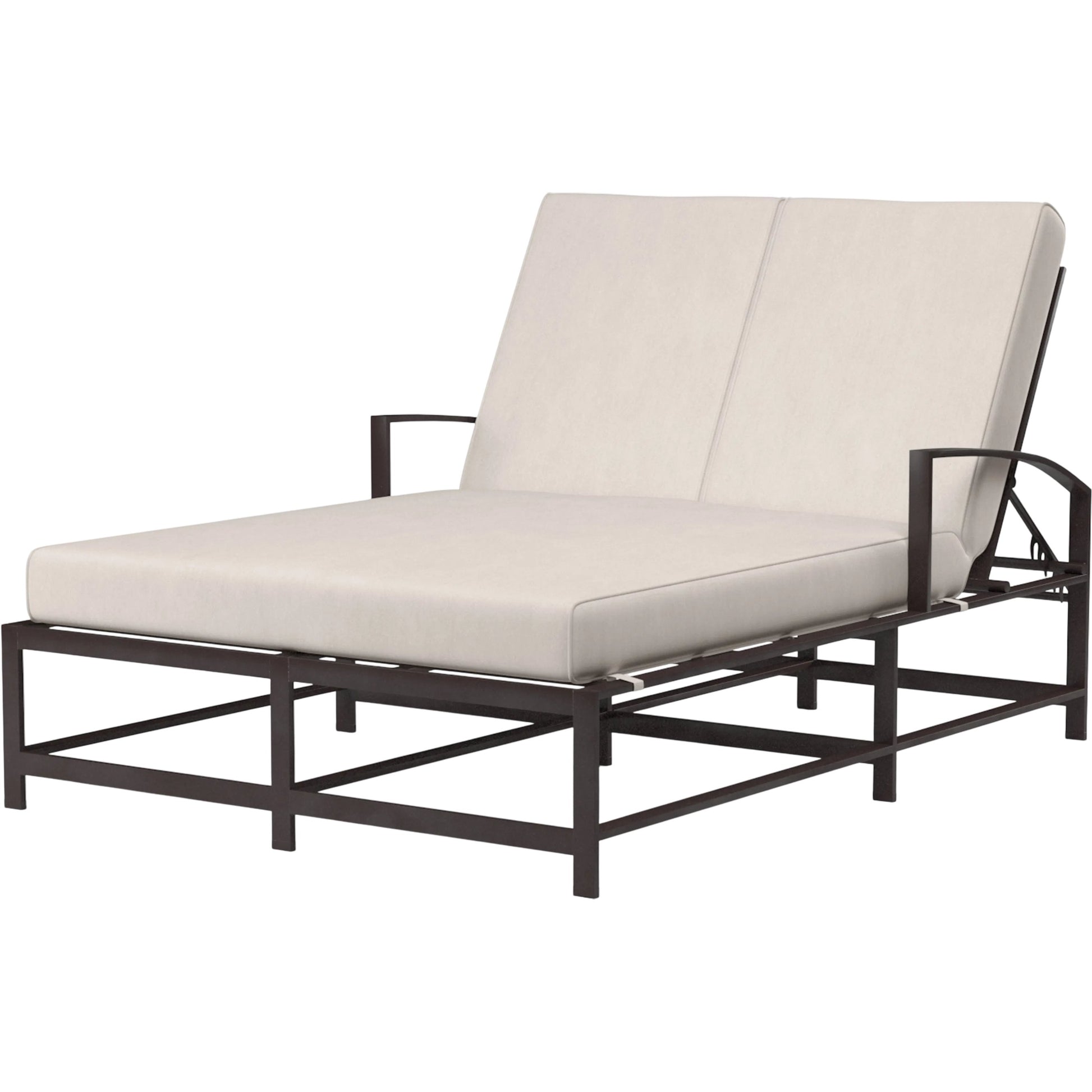 La Jolla Outdoor Double Chaise by Sunset West in browns. Made from aluminum in a modern style.