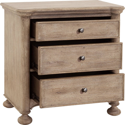 Higgins Street 3-Drawer Nightstand with USB-C ports by Pulaski Furniture in brown and woodland stone. Made from unique in a unique style.