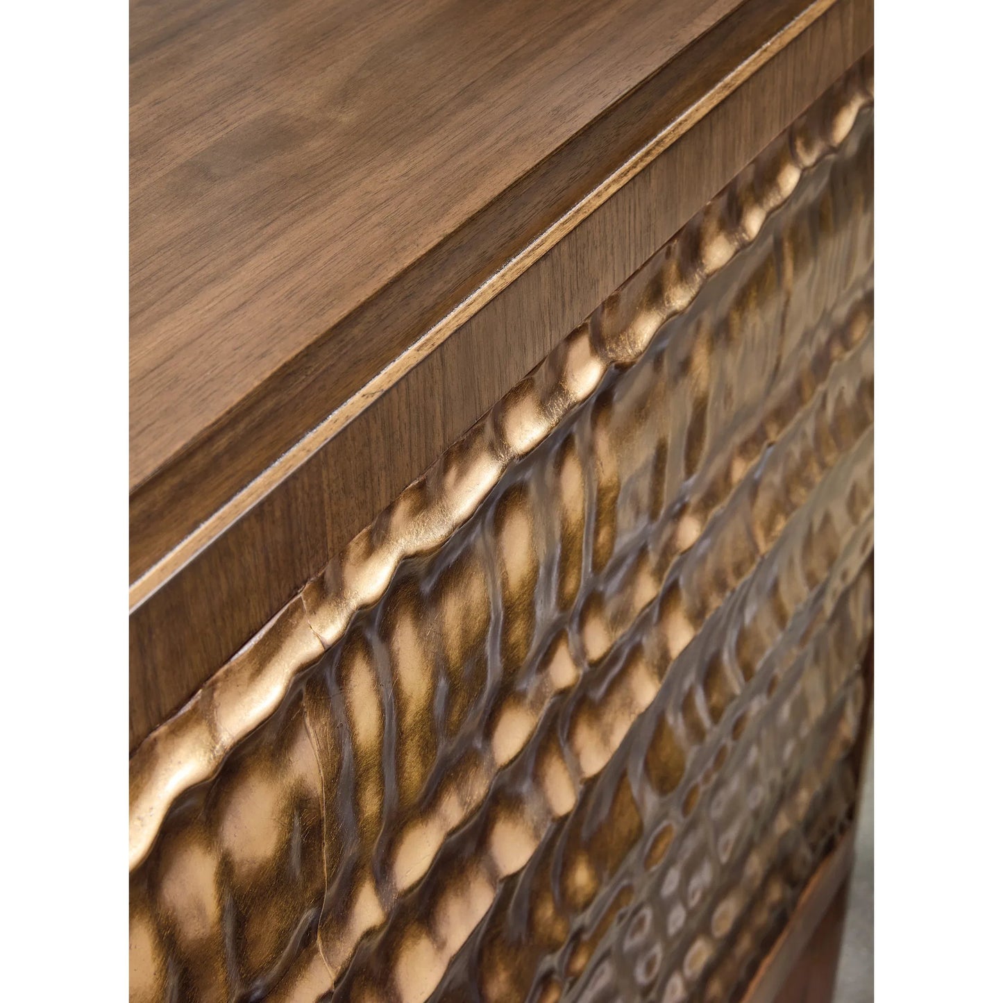 005 SI-2458577 | Closeup | Eleana Two Door Chest by Hooker Furniture in light caramel, quartered walnut veneers, sunlit bronze metal. Made from walnut veneers, resin in a modern style.