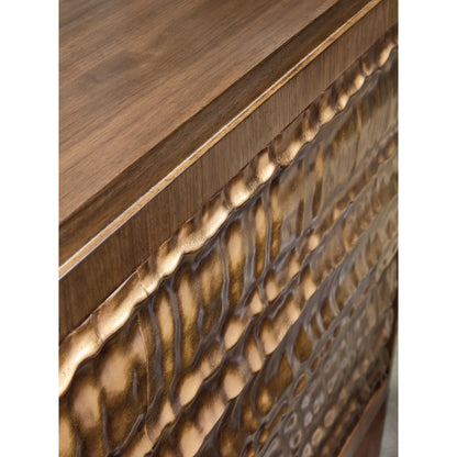 Eleana Two Door Chest by Hooker Furniture in light caramel, quartered walnut veneers, sunlit bronze metal. Made from walnut veneers, resin in a modern style.