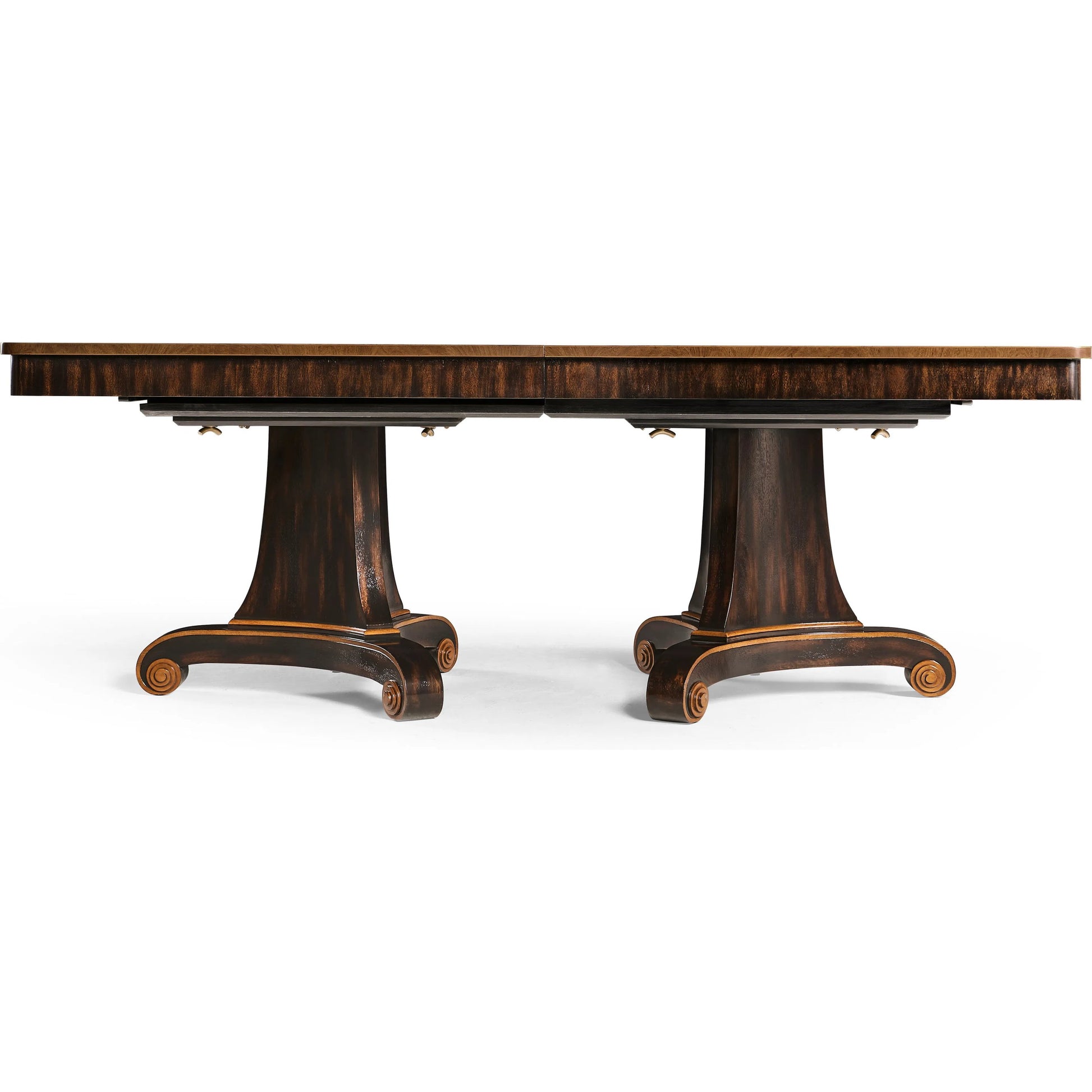 Rosette Dining Table by Jonathan Charles in medium crotch walnut. Made from celejeria veneer, brass, acacia veneer, beech, plywood in a modern style.