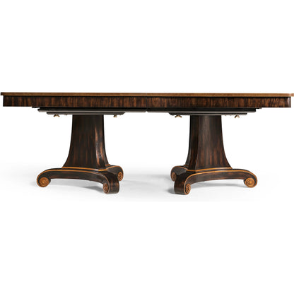 Rosette Dining Table by Jonathan Charles in medium crotch walnut. Made from celejeria veneer, brass, acacia veneer, beech, plywood in a modern style.