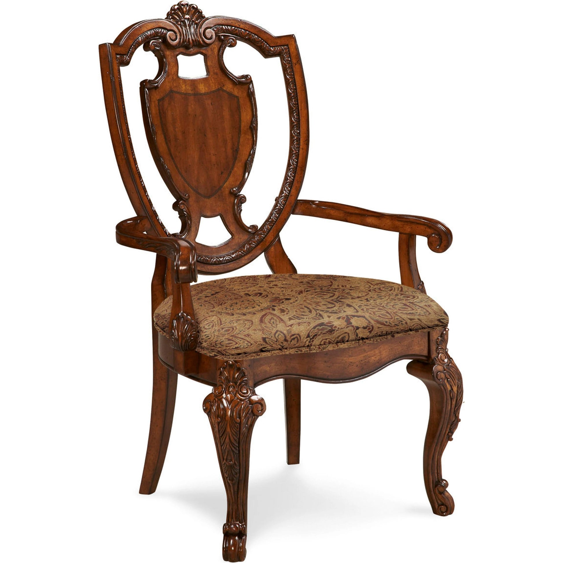 Old World Shield Back Arm Chair (Set of 2) by A.R.T. Furniture in brown and medium cherry. Made from parawood solids, cherry and avodire veneers, foam, fabric in a traditional style.