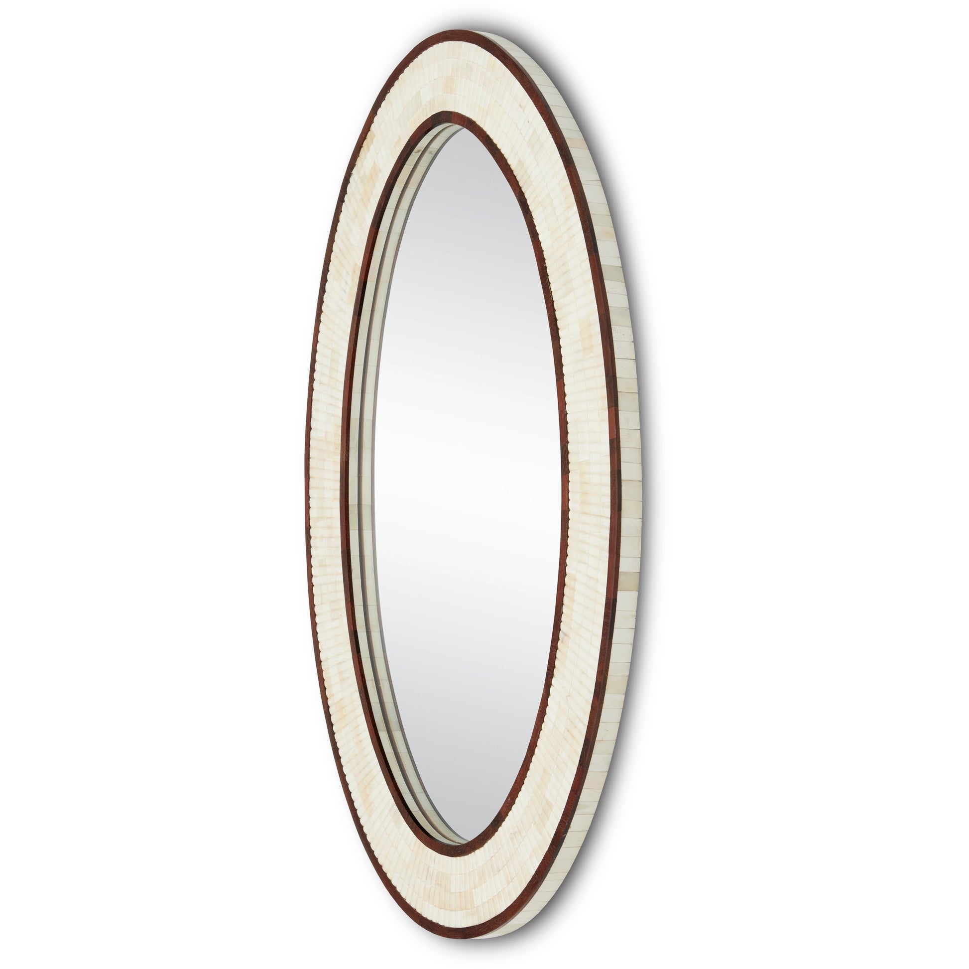 Andar Oval Mirror by Currey and Company in natural, dark walnut, mirror. Made from bone, wood, engineered hardwood, glass in a modern style.