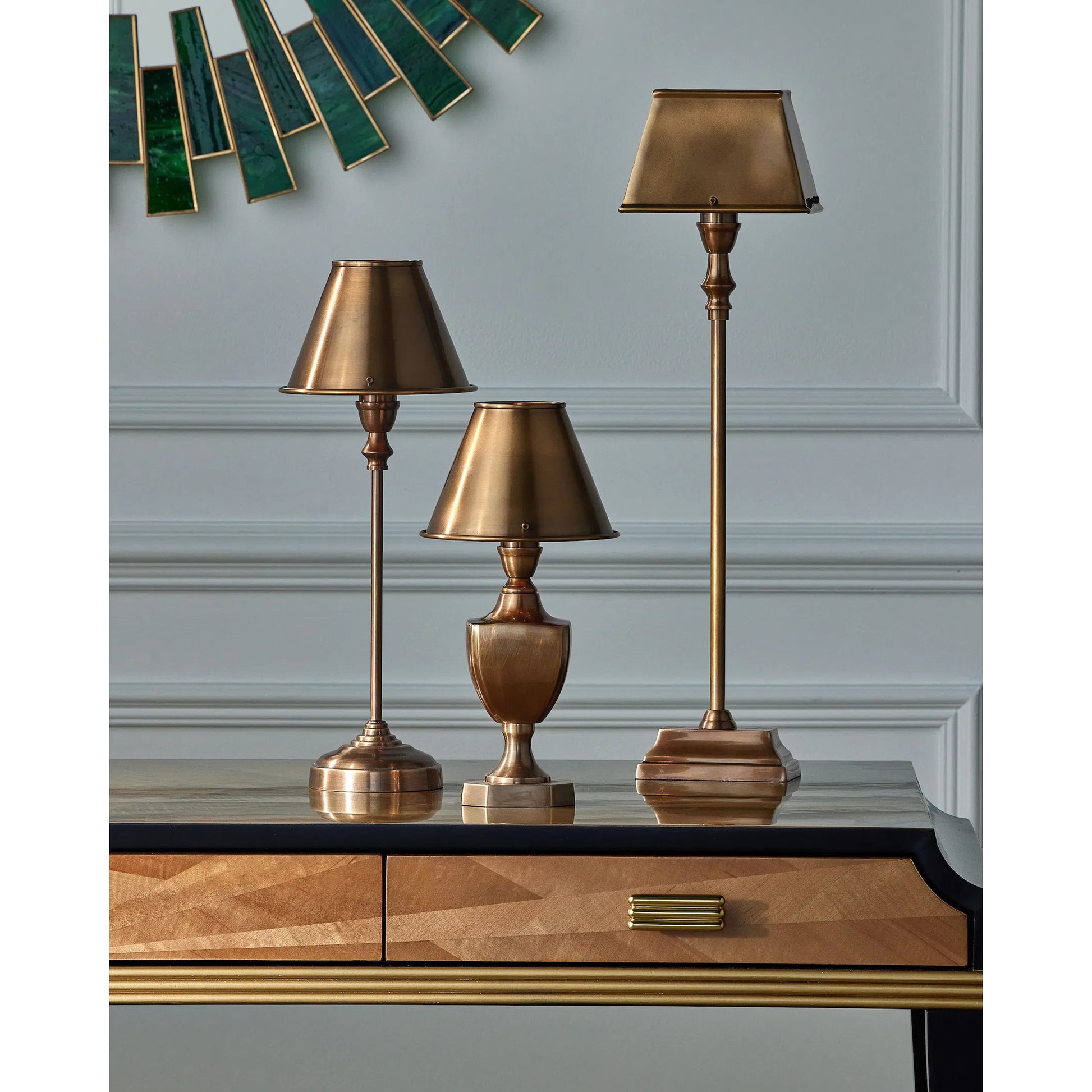 Geddy Table Lamp by Currey and Company in antique brass. Made from brass in a modern style.