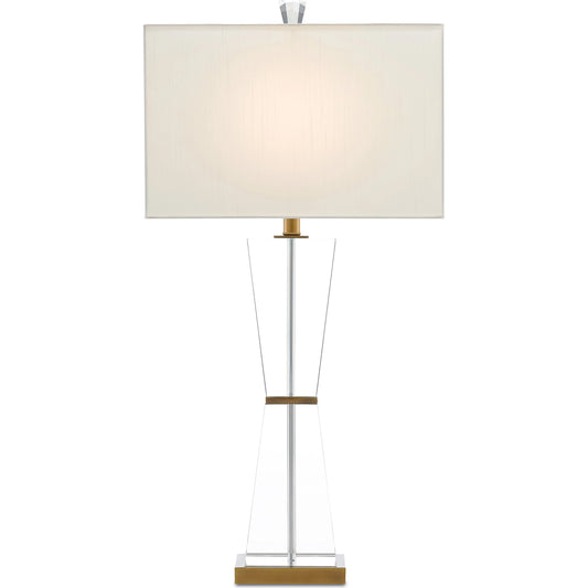Laelia Table Lamp by Currey and Company in clear, antique brass. Made from optic crystal, metal in a modern style.