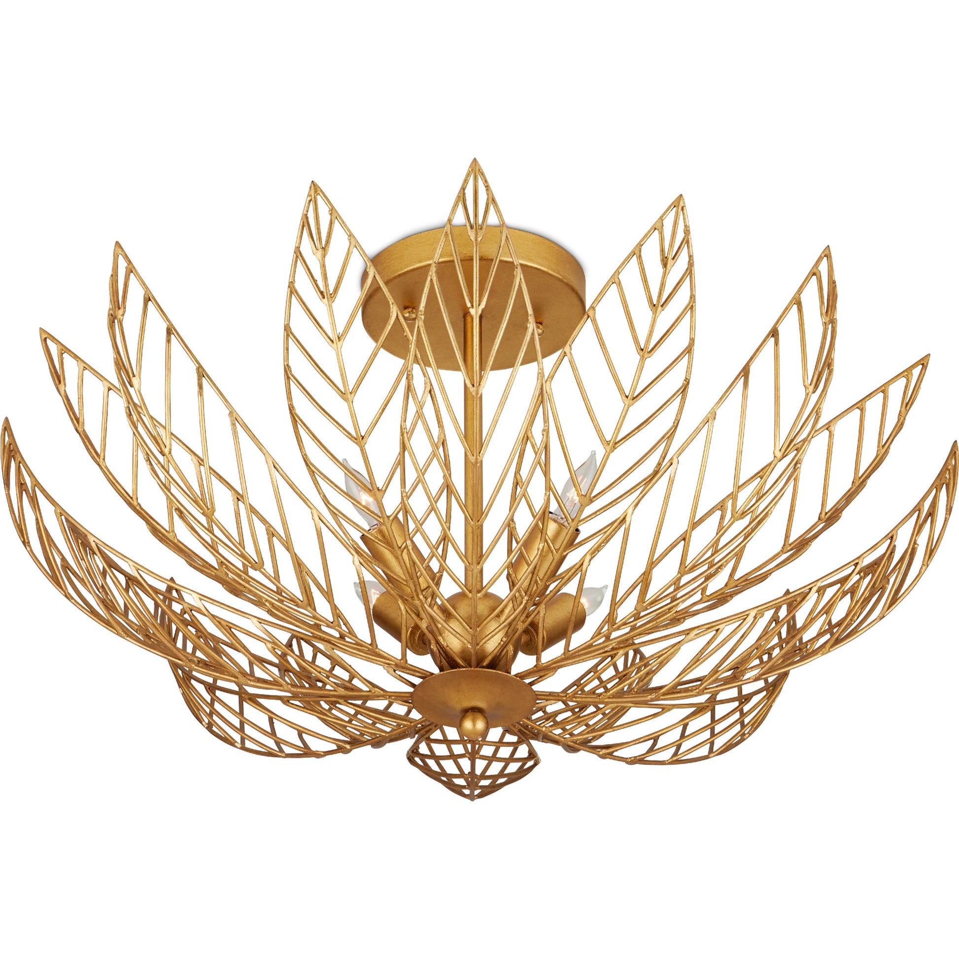 Leaflace Semi-Flush Mount by Currey and Company in contemporary gold leaf, contemporary gold. Made from wrought iron in a modern style.