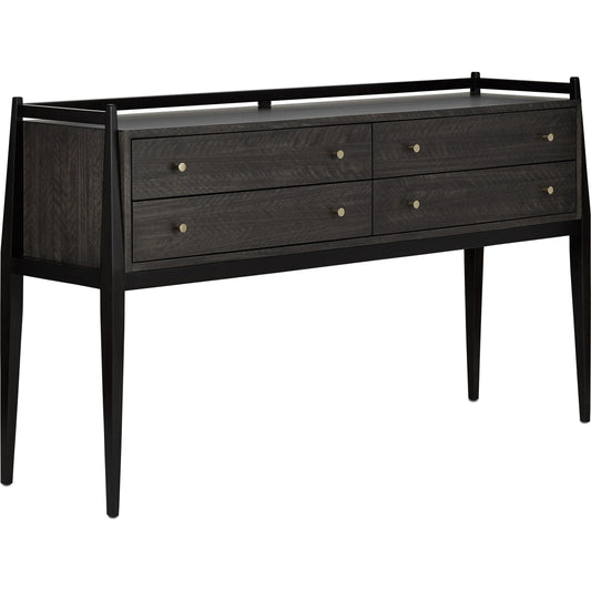 Selig Console Table by Currey and Company in dark mink stained mahogany, riverstone stained eucalyptus, pol. Made from solid mahogany, figured eucalyptus veneer in a transitional style.