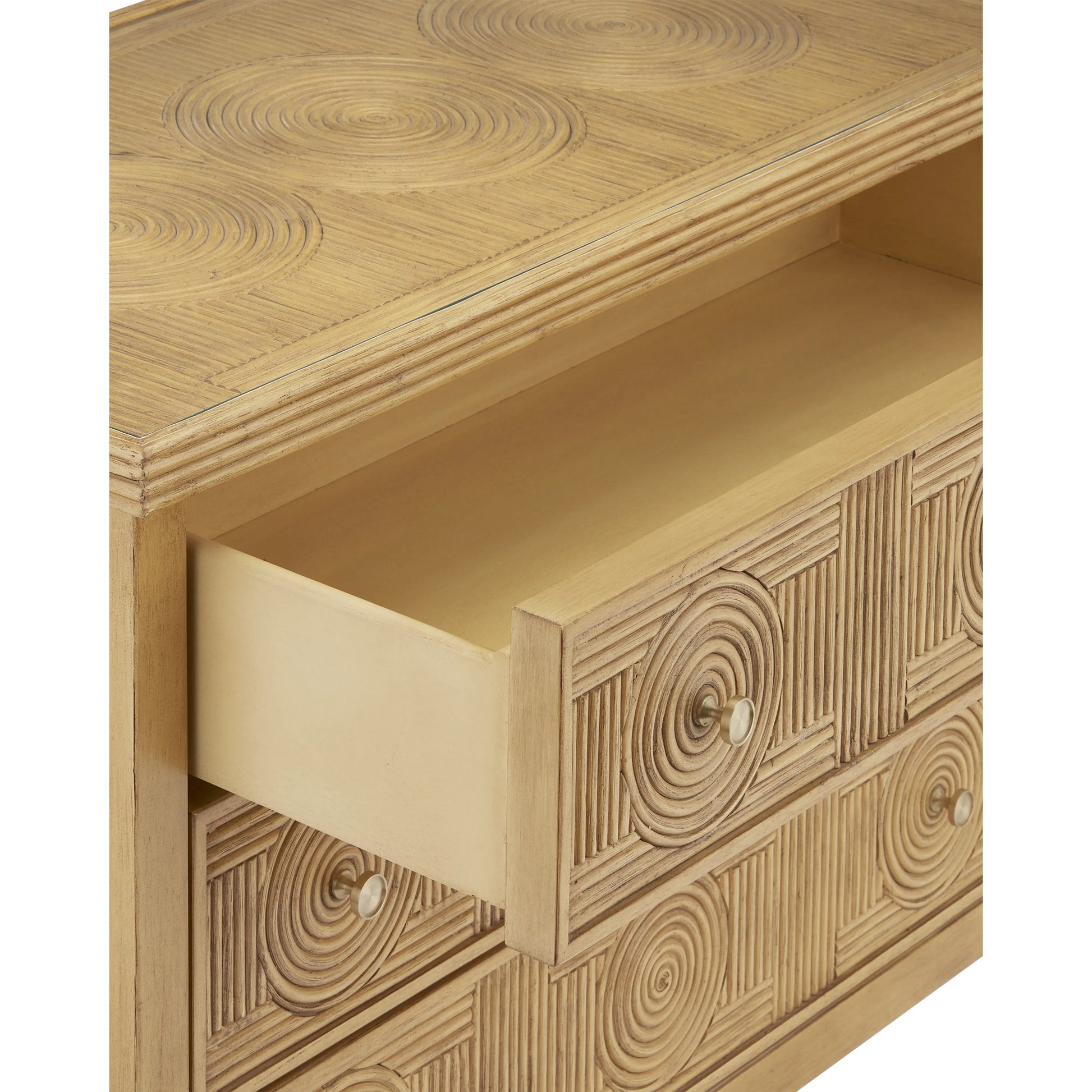 Santos 3-Drawer Chest by Currey and Company. Made from rattan, mahogany, glass, brass in a modern style.