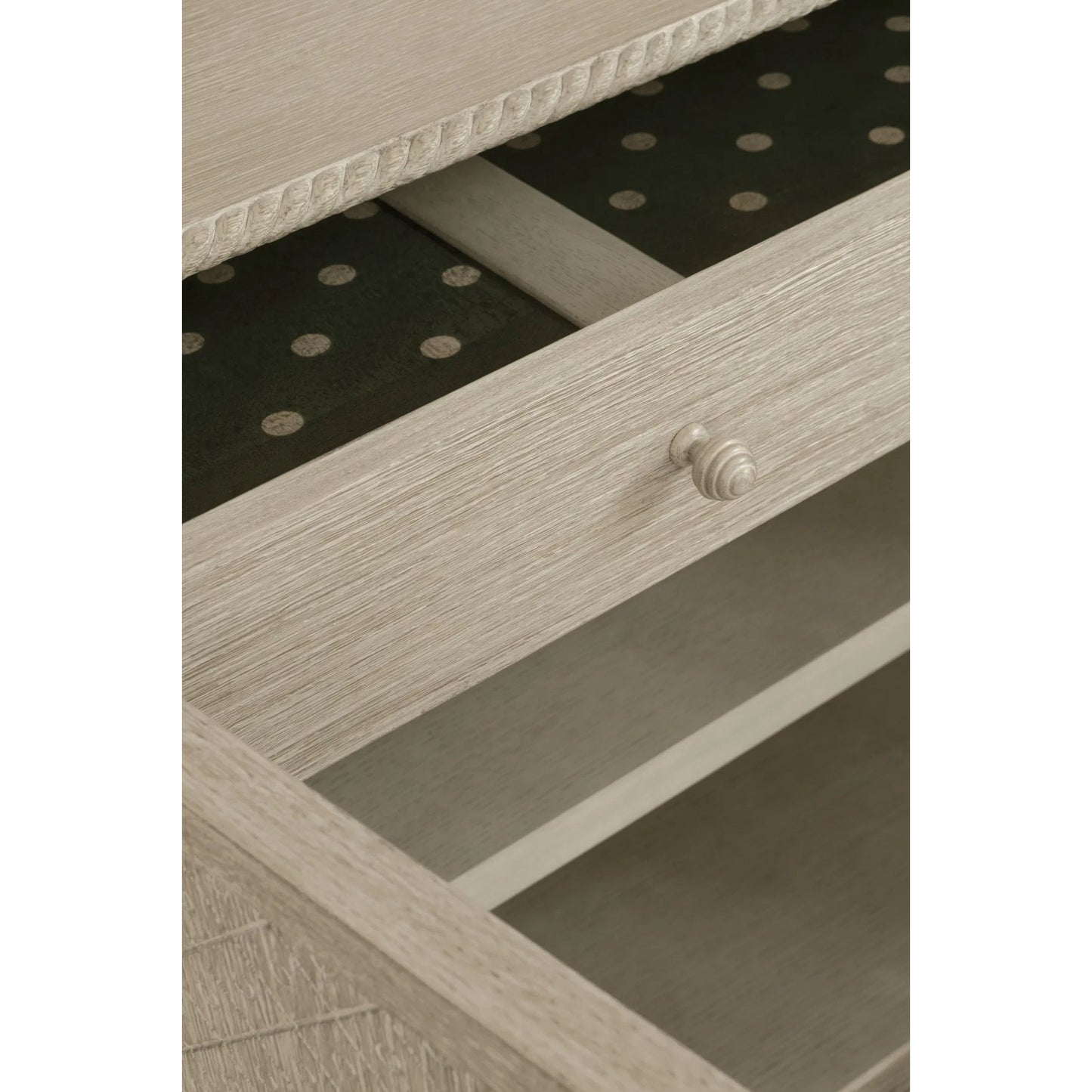 005 SI-2252703 | Closeup | Morris Dresser by Jonathan Charles in grey and greyed oak. Made from oak, oak veneer, aluminum, sycamore veneer in a traditional style.