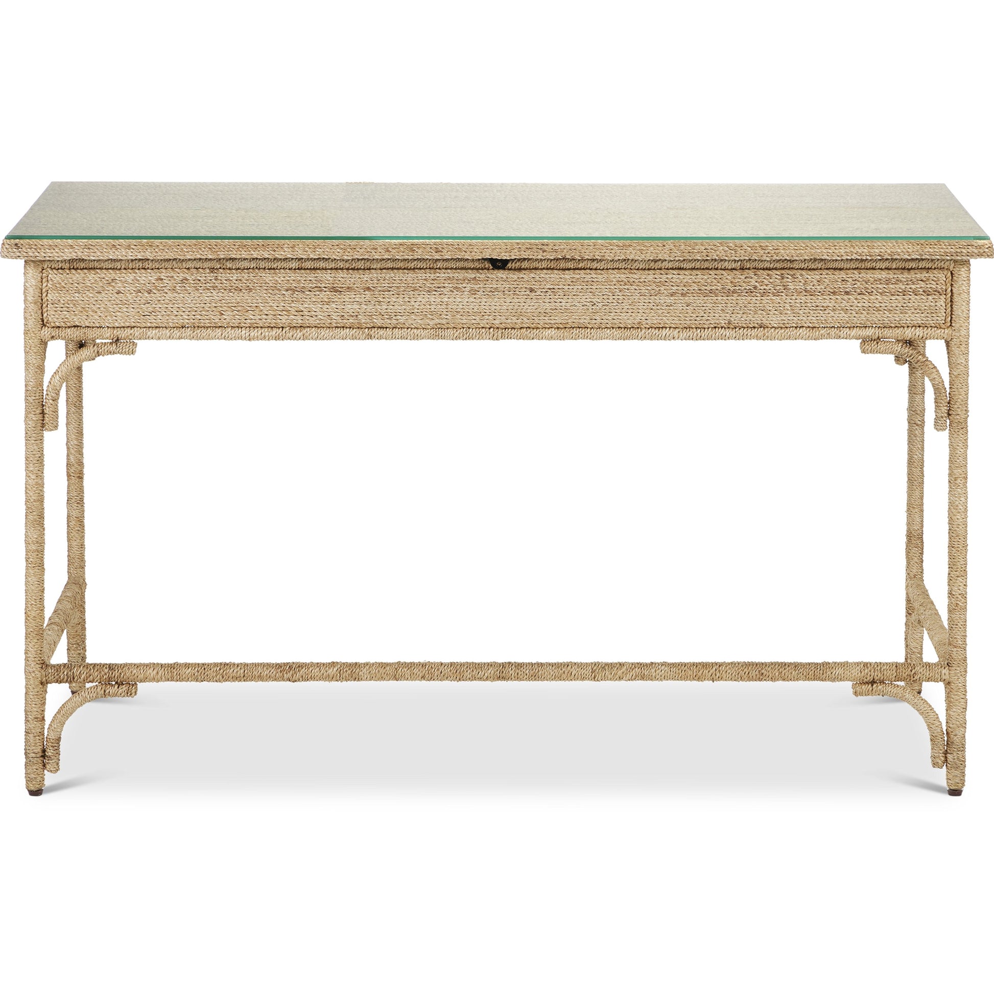 Olisa Rope Desk by Currey and Company in natural, brown carafe. Made from abaca rope, wood, wrought iron in a modern style.