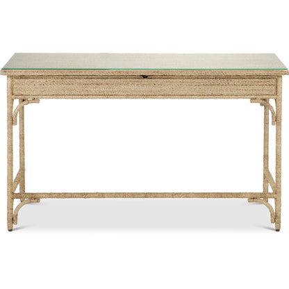 Olisa Rope Desk by Currey and Company in natural, brown carafe. Made from abaca rope, wood, wrought iron in a modern style.