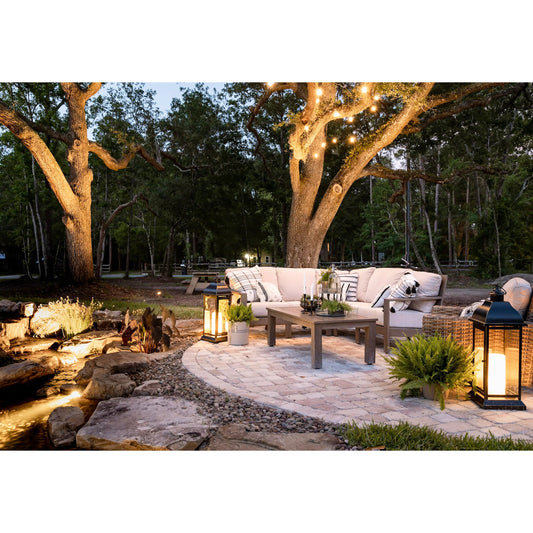 Laguna Outdoor Sectional by Sunset West in driftwood. Made from aluminum in a modern style.